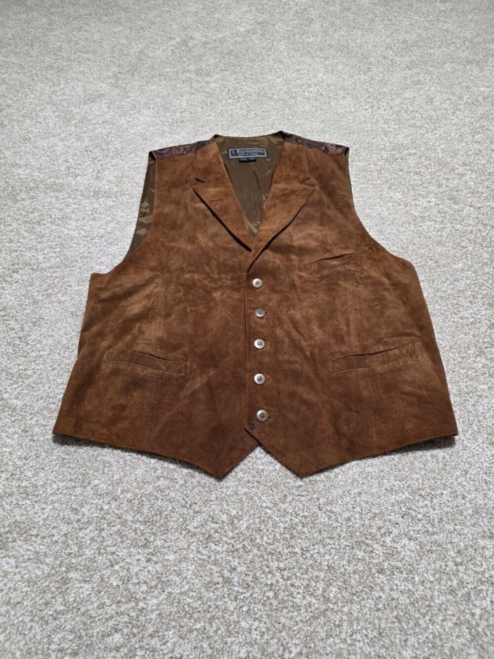Vintage J Riggings Brown Suede Leather Vest Paisley Back Men’s Size XL